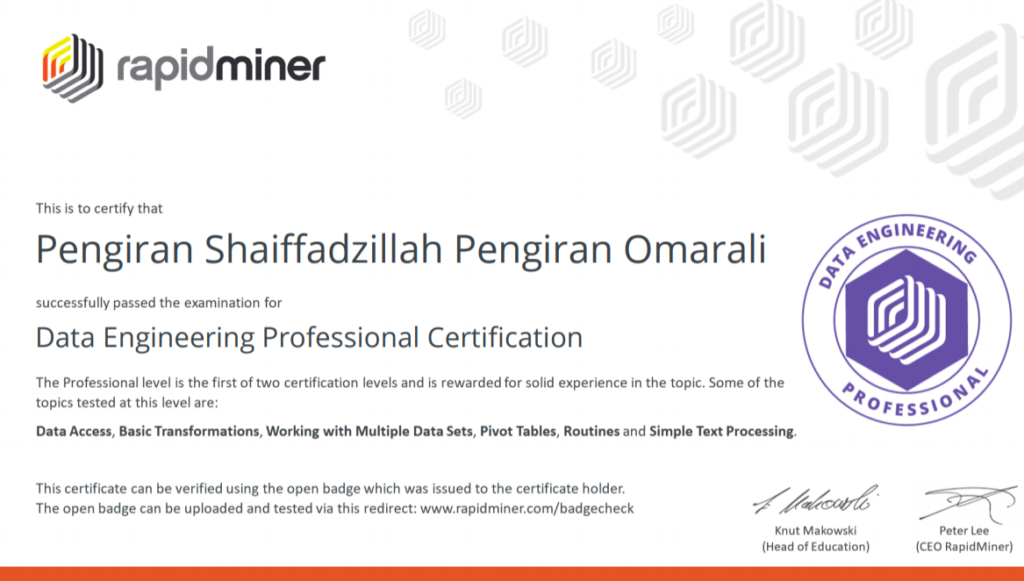 RapidMiner Certified Data Engineering Professional